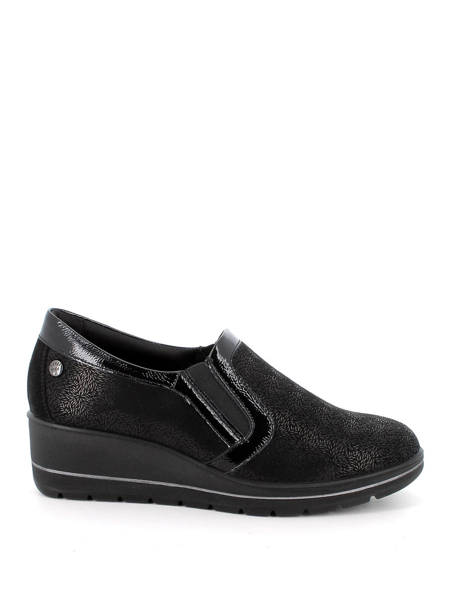 Mocassini Donna ENVAL Soft In Pelle Nera Con Zeppa 4 Cm - Confortevoli, Elastici Laterali, Memory Foam